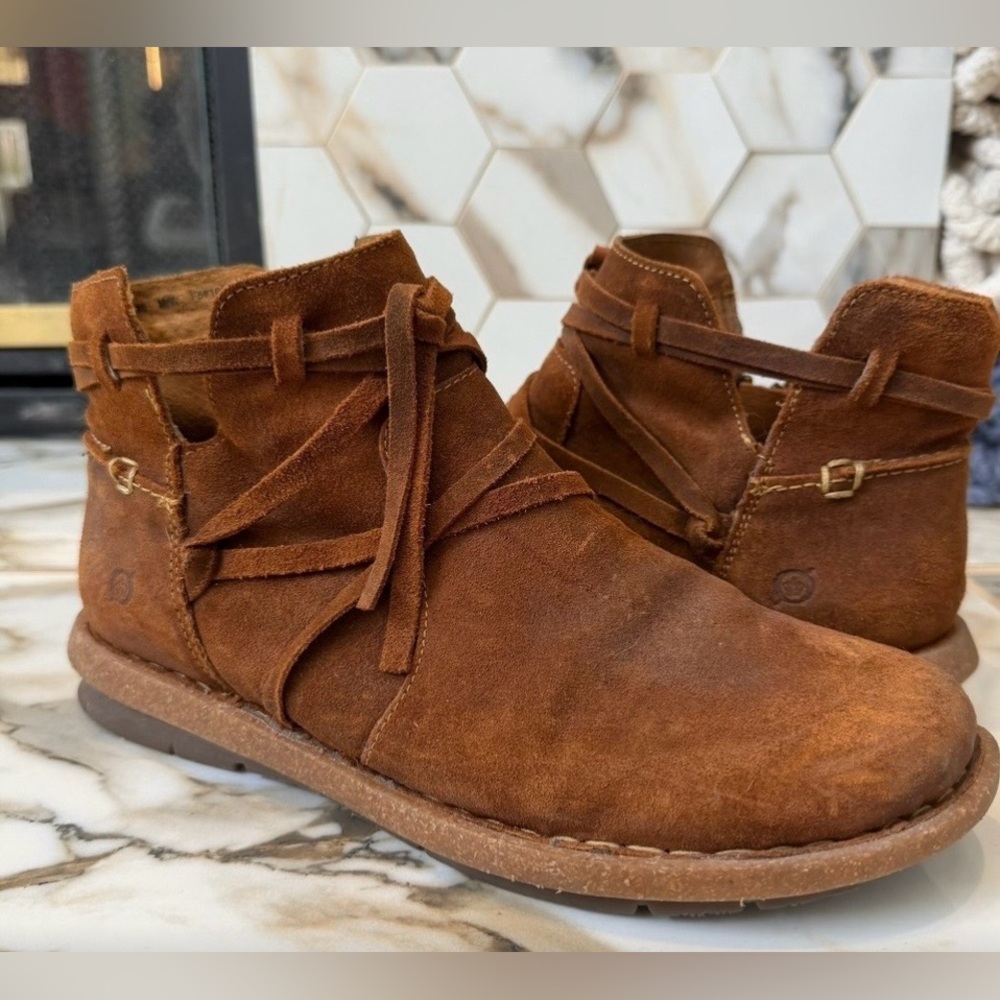 Born Women's Tarkiln Glazed Ginger Brown Suede Ankle Boots Side Zip Size 8.5